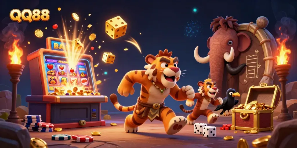 Experience the thrilling world of QQ88 with a dynamic casino scene, featuring a caveman duo and exciting game elements.