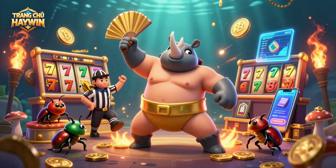 Engage with TRANG CHỦ HAYWIN, featuring a powerful beetle champion amidst a dynamic slots scene.