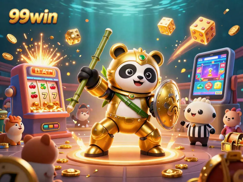 Experience the excitement of 99win with dynamic casino action featuring golden panda characters and slot machines.