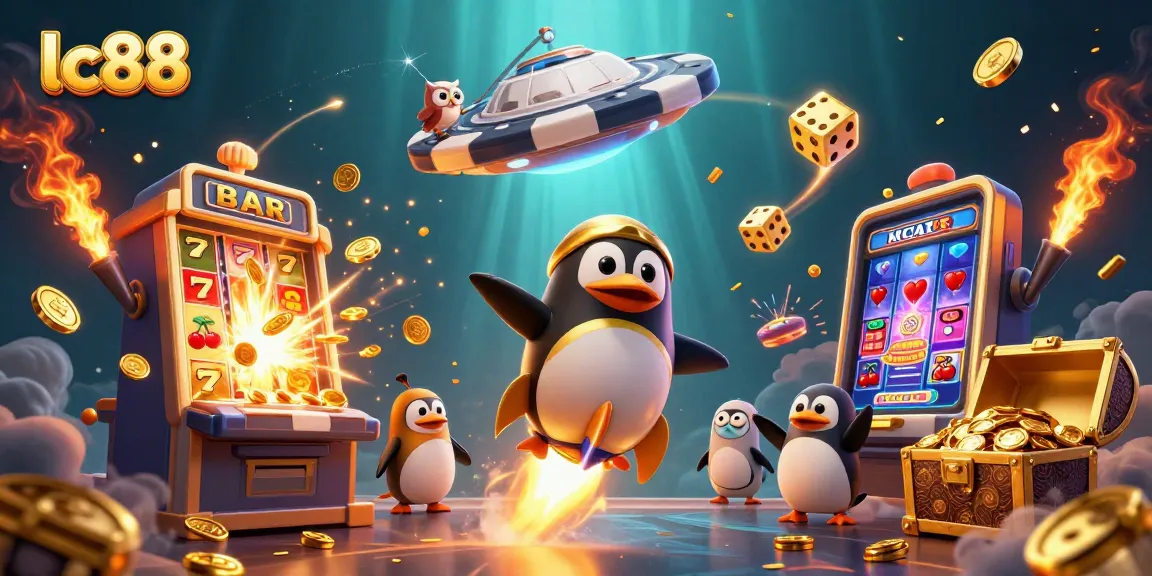 Experience the thrill of lc88 as the golden penguin blasts through space towards a jackpot at a casino!