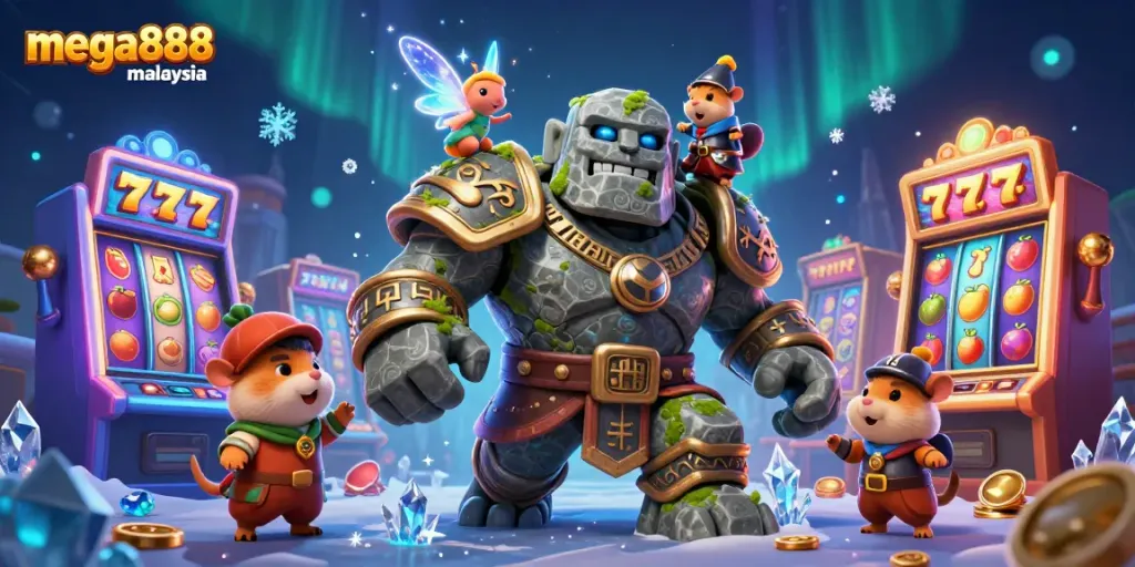 Spin the reels at mega888 Malaysia with a magical scene featuring a stone golem guardian and vibrant slot machine elements.