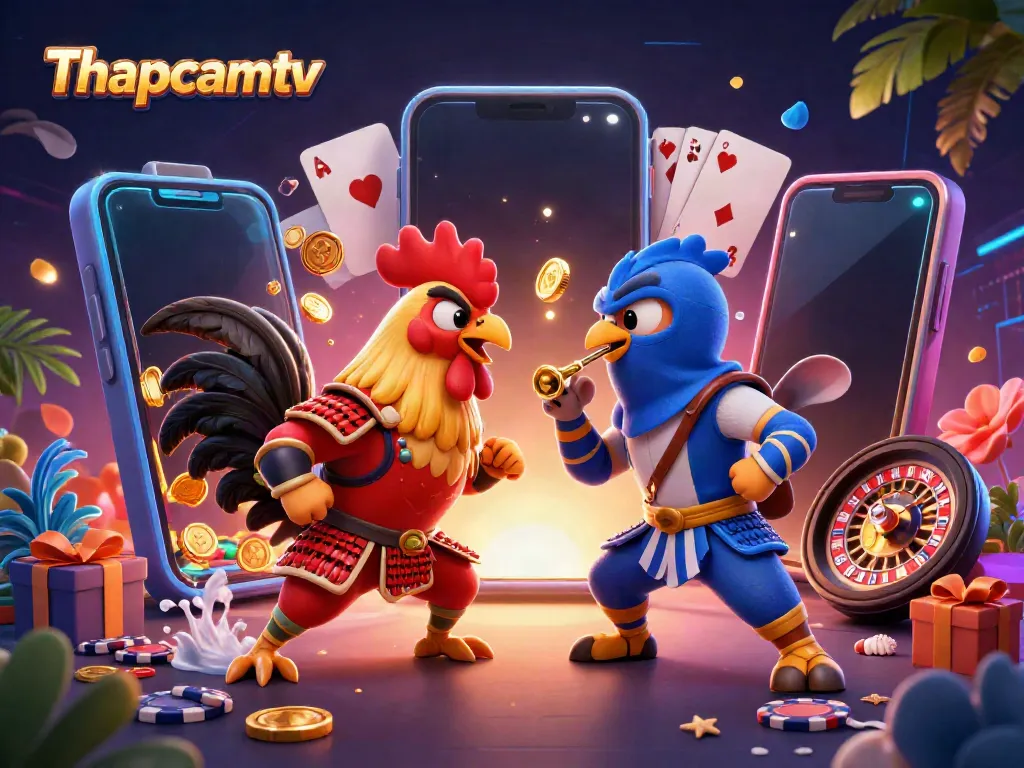 Engage with Thapcamtv's vibrant play scene featuring animated fighting roosters amidst a flurry of gambling elements.