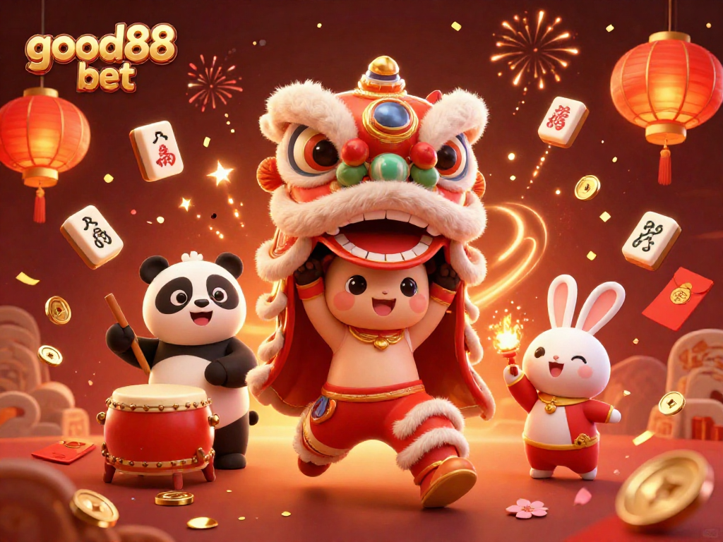 Celebrate with good88 bet featuring dynamic gambling elements, lucky symbols, and festive characters.
