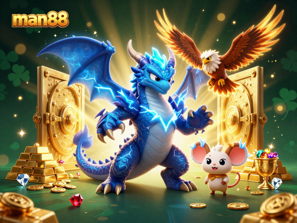 Win big at man88 with a thunder dragon, glowing hawk, and treasure in a vibrant casino!