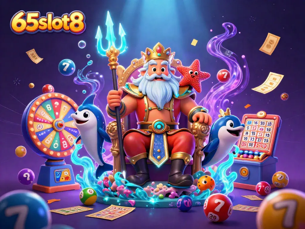 Experience thrilling games at 65slot8 with Neptune and vibrant slot elements in a dynamic scene.