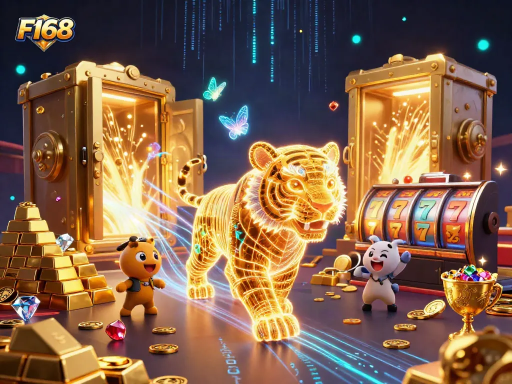 Experience thrilling gaming with F168 in this vibrant 3D casino illustration