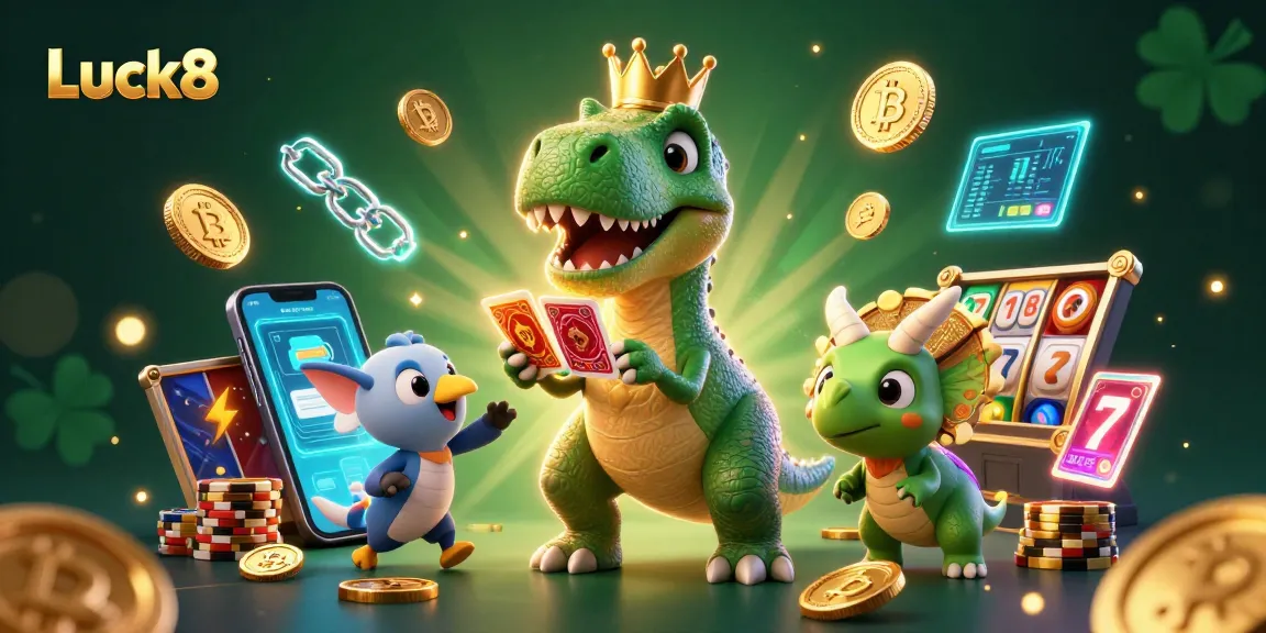 Luck8 offers thrilling casino action with a playful T-Rex shuffling cards and stacking chips.