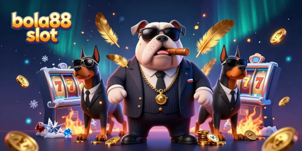 Experience the thrill of bola88 slot with a dynamic illustration of a mafia boss bulldog and his Doberman guards surrounded by exciting slot elements.