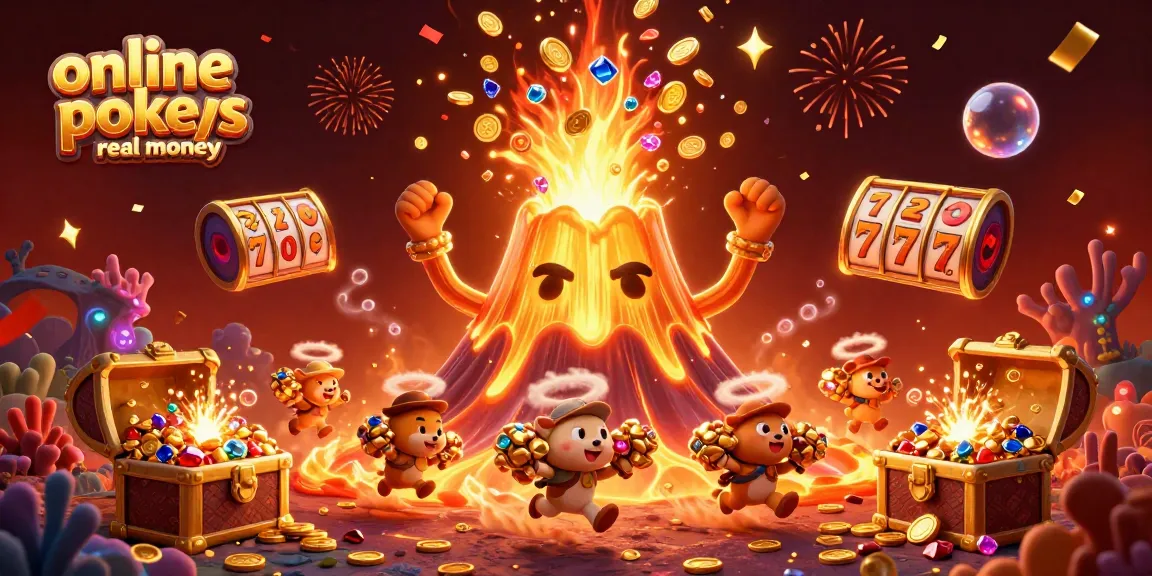 Play online pokies real money with excitement as gold coins cascade from a golden volcano in a lively 3D scene.