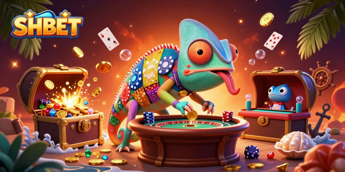 Engage in thrilling gameplay at SHBET with colorful 3D chameleon casino owner among vibrant gambling elements.