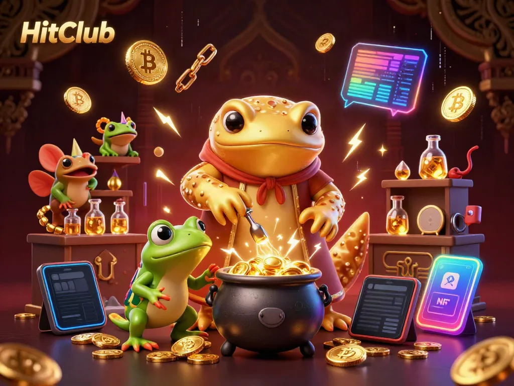 Gamers enjoy the vibrant HitClub experience with gold coins and crypto elements in a magical scene.