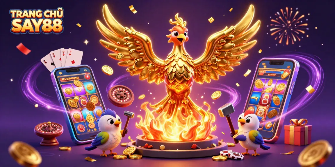 Experience the thrill of TRANG CHỦ SAY88 with a vibrant, gold-themed casino illustration showcasing winning opportunities.