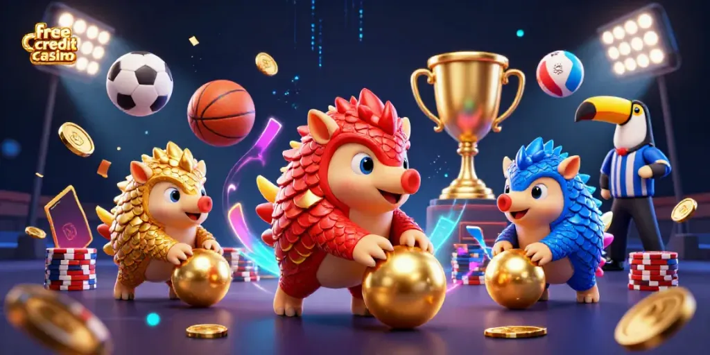 Engage in free credit casino fun with rival pangolins bowling through poker chips in a vibrant 3D scene.