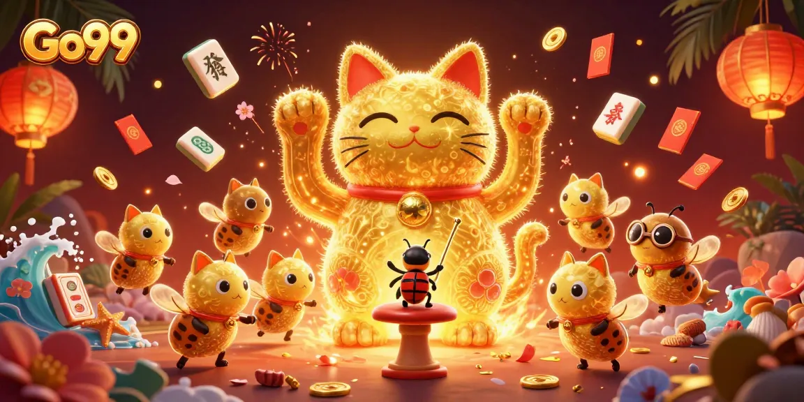 Win big at Go99 with a vibrant 3D illustration of a lucky cat gambling scene.