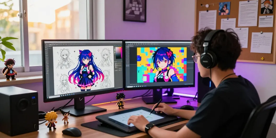 Creating stunning AI ecchi art in a vibrant digital workspace with anime characters.