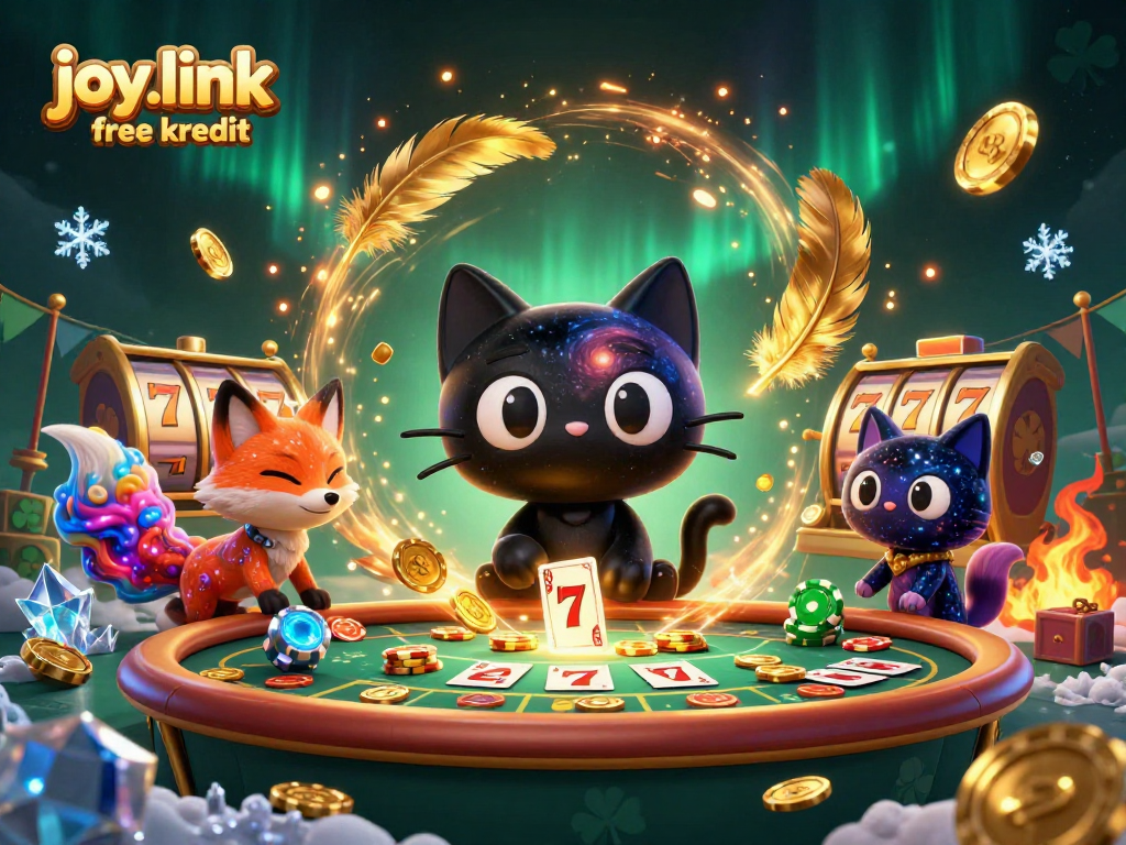 Experience joy.link free kredit at a vibrant cosmic casino table with a cartoon black hole cat.