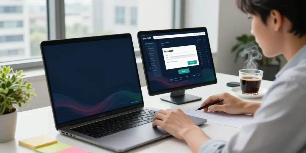 Proses rokok88 login di ruang kerja modern dengan profesional muda yang menganalisis data bisnis.