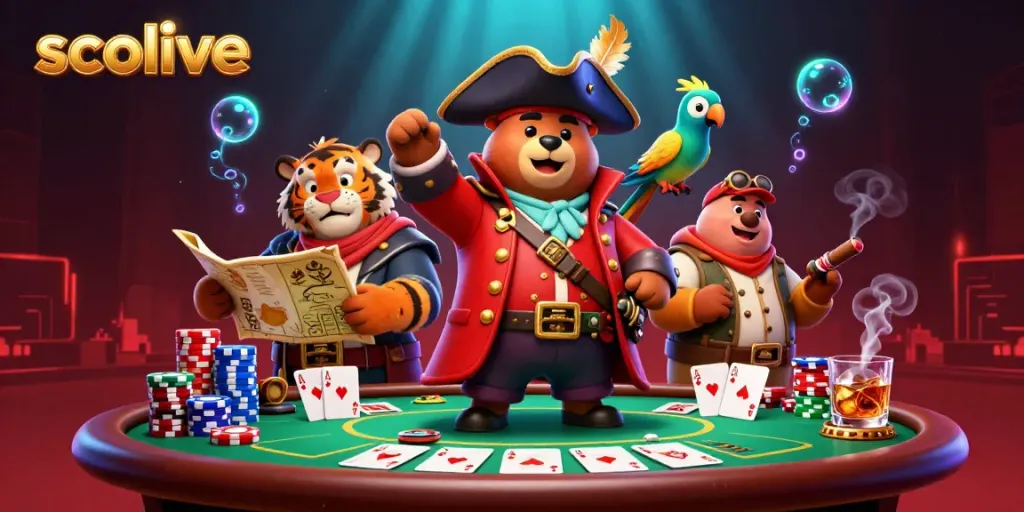 Socolive pirate bear and tiger play poker with vibrant 3D details amidst casino atmosphere.