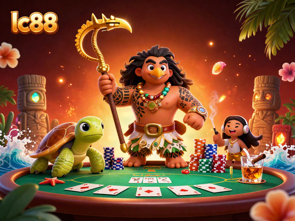 Play exciting poker with lc88 at a vibrant casino scene featuring dynamic characters and rich game elements.