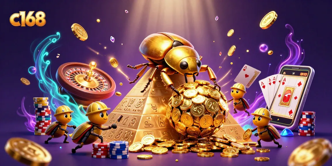Experience excitement at c168 with a golden dung beetle rolling coins in a vibrant casino scene.