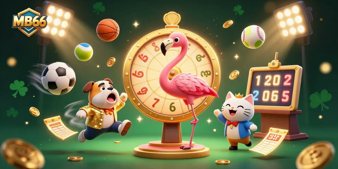Engage in thrilling MB66 gameplay with a dynamic scene of a game show host, bulldog contestant, and scoreboard cat, showcasing exciting sports betting.