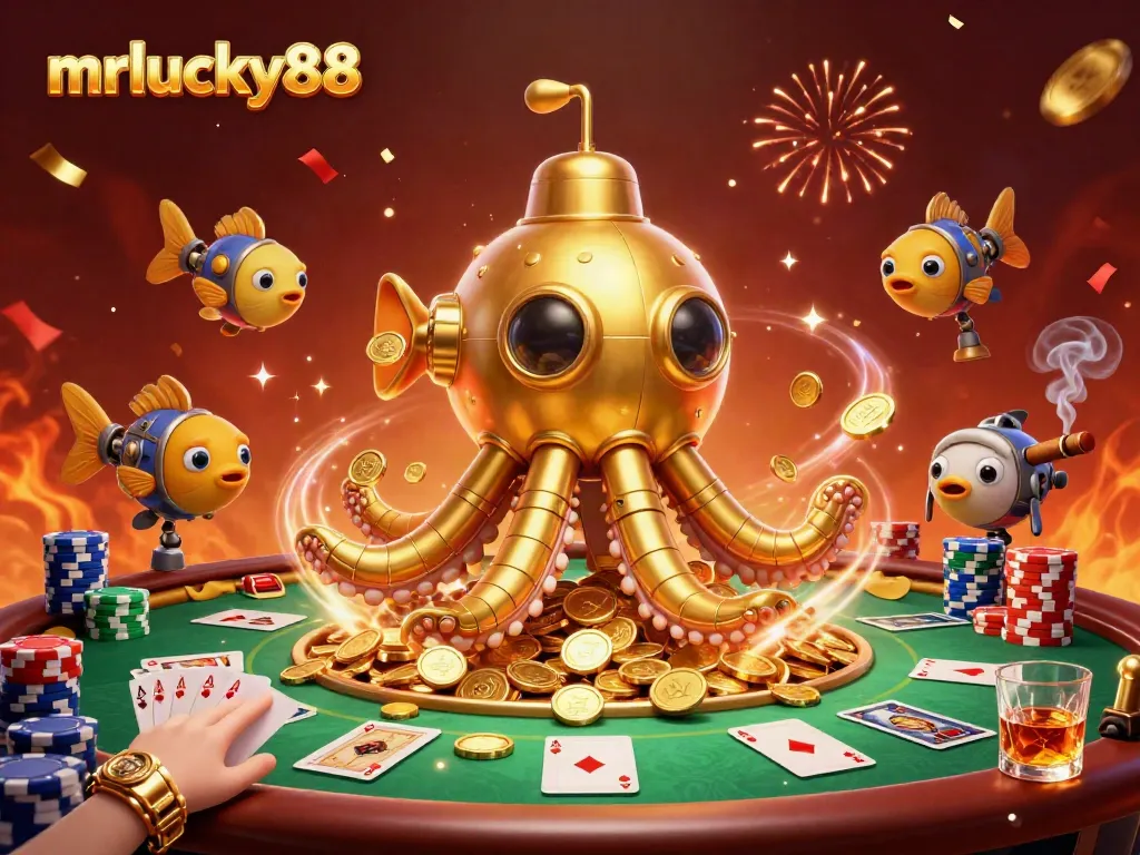 Experience thrilling gameplay with mrlucky88 as a golden kraken submarine emerges from golden coins at a vibrant poker table.