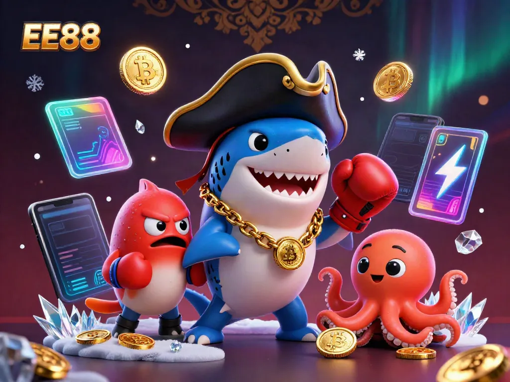 Engage with thrilling gameplay at EE88, featuring vibrant casino characters and dynamic crypto elements.