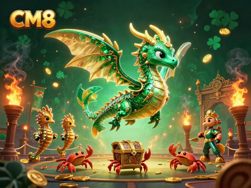 Engage with CM8's vibrant gaming world showcasing a majestic sea dragon, sports elements, and rich casino tokens.