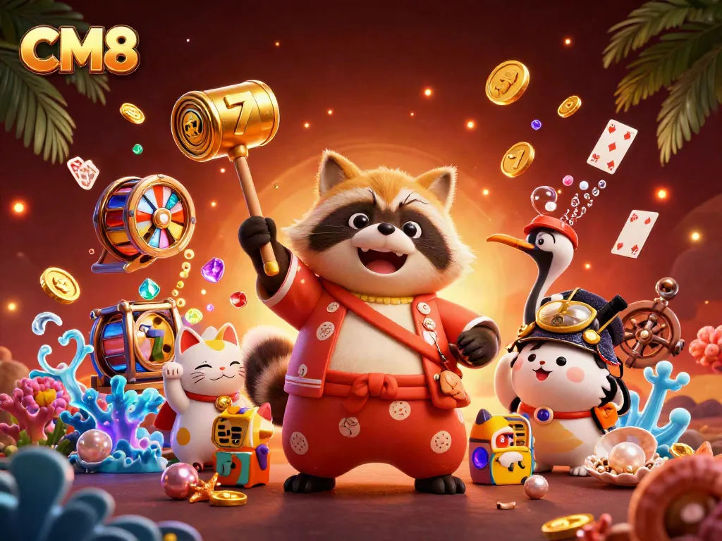 Experience vibrant CM8 casino action with fortune cats and lucky tanuki in a dynamic slot machine scene.
