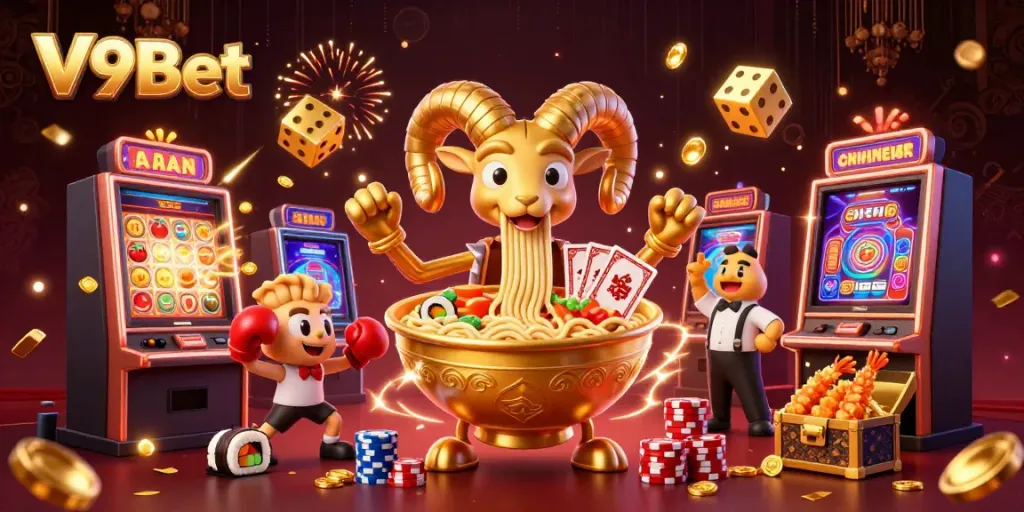 Experience thrilling wins with V9Bet's exciting game elements in a vibrant casino scene.