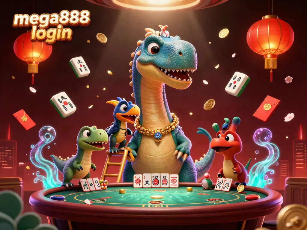 Engage in the exciting mega888 login experience with a brontosaurus overseeing a lively casino scene.
