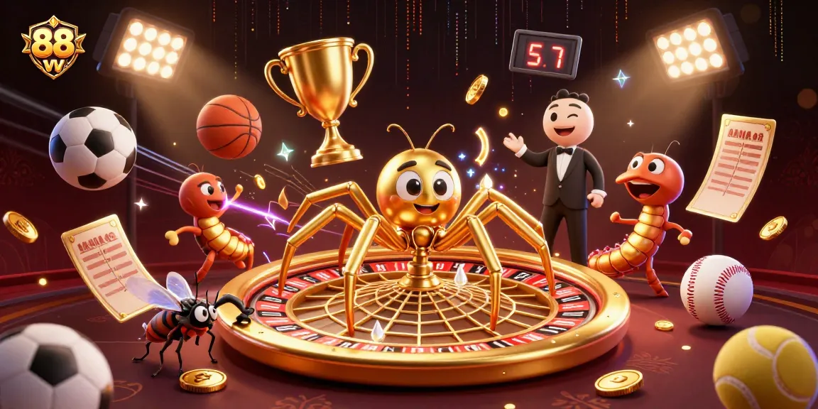 Engage with thrilling bets at 88 vv's vibrant casino scene with animated characters and sports elements.