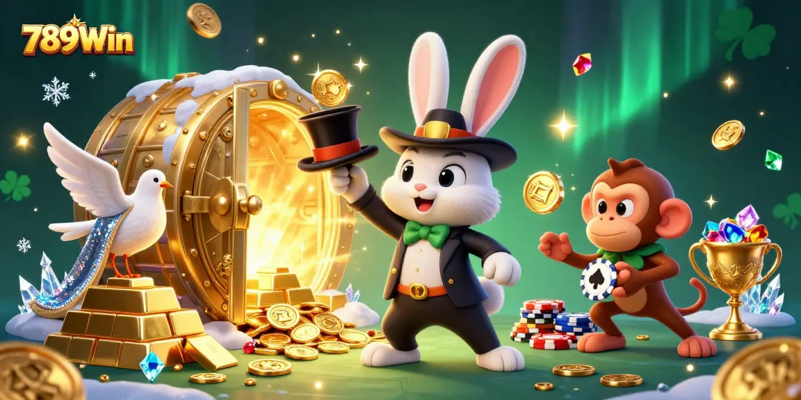 Experience the thrill of 789Win with a dazzling magical scene featuring a rabbit pulling coins from a hat and sparks flying around.