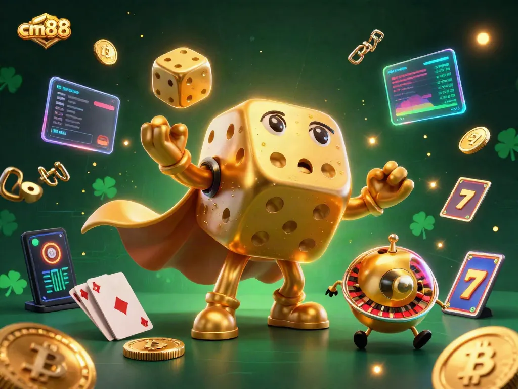 Interact with cm88 in a vibrant casino scene featuring golden dice, cards, and crypto elements.
