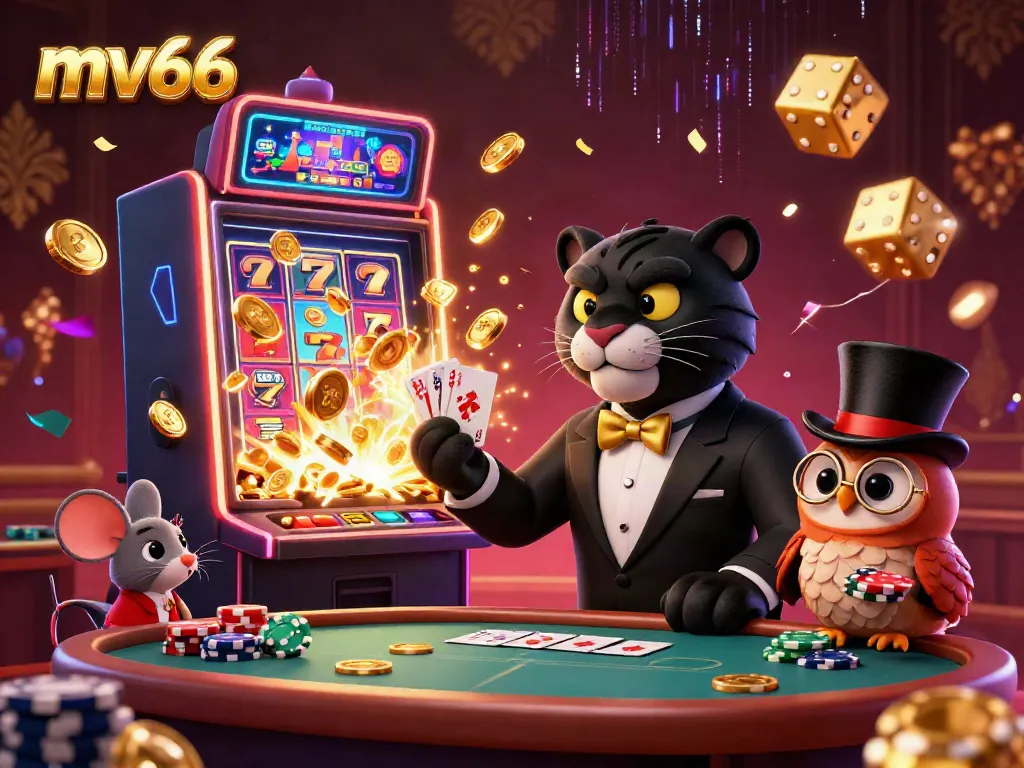 Enjoy thrilling games and rich rewards at mv66's colorful casino scene with animated characters.