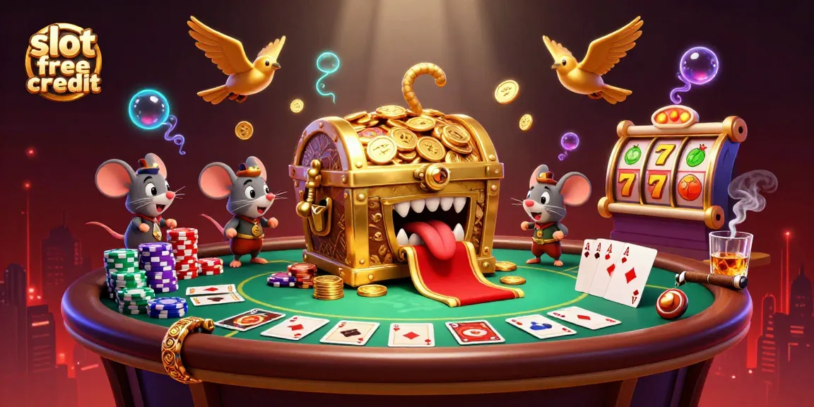 Experience exciting slot free credit opportunities with vibrant casino-themed 3D illustration drawing players in.