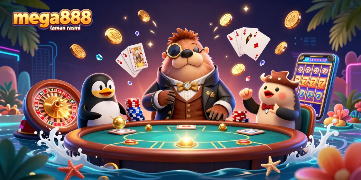 Mega888 laman rasmi menampilkan walrus bergaya dalam permainan poker di latar dasar laut yang atletik.
