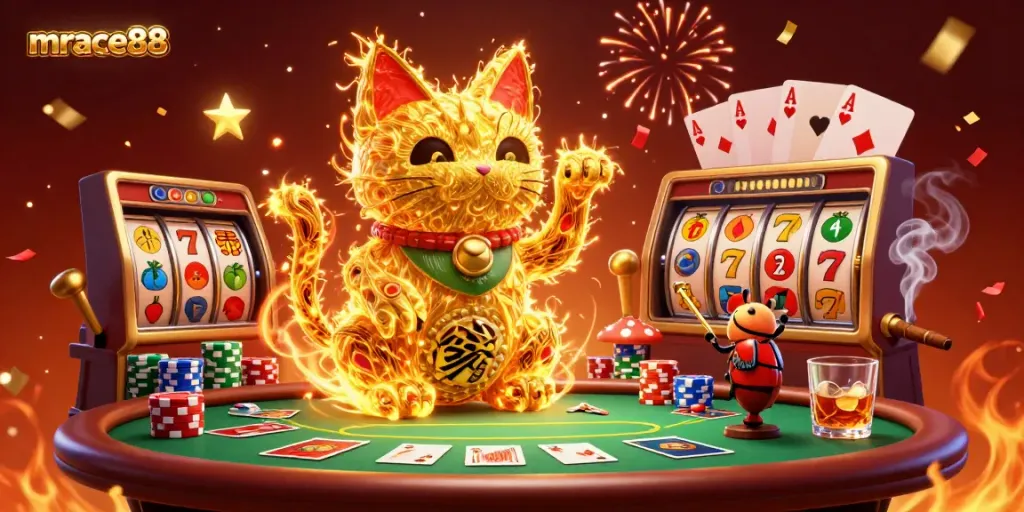 Experience the vibrant mrace88 casino scene with a lucky cat and golden fireflies promoting game excitement.