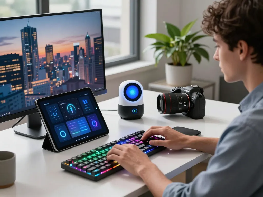 Innovative tech gadgets enhancing productivity in a modern workspace with a professional using a mechanical keyboard.