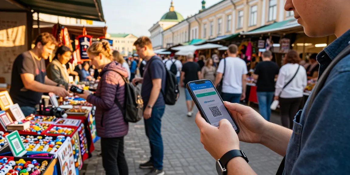 Menggunakan aplikasi https://payinrussia.com/ untuk melakukan pembayaran di pasar sibuk di Rusia.