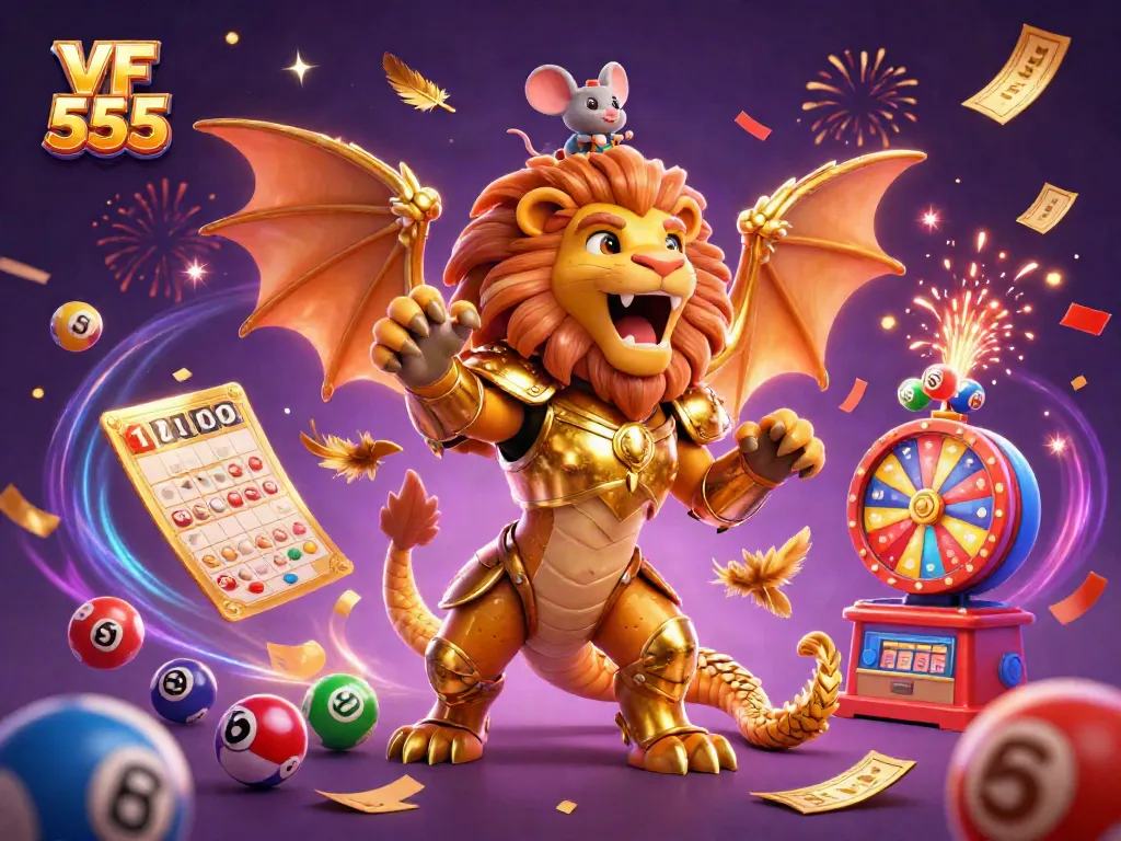 Experience the excitement of VF 555 with a dazzling 3D casino illustration featuring a chimera and dynamic game elements.