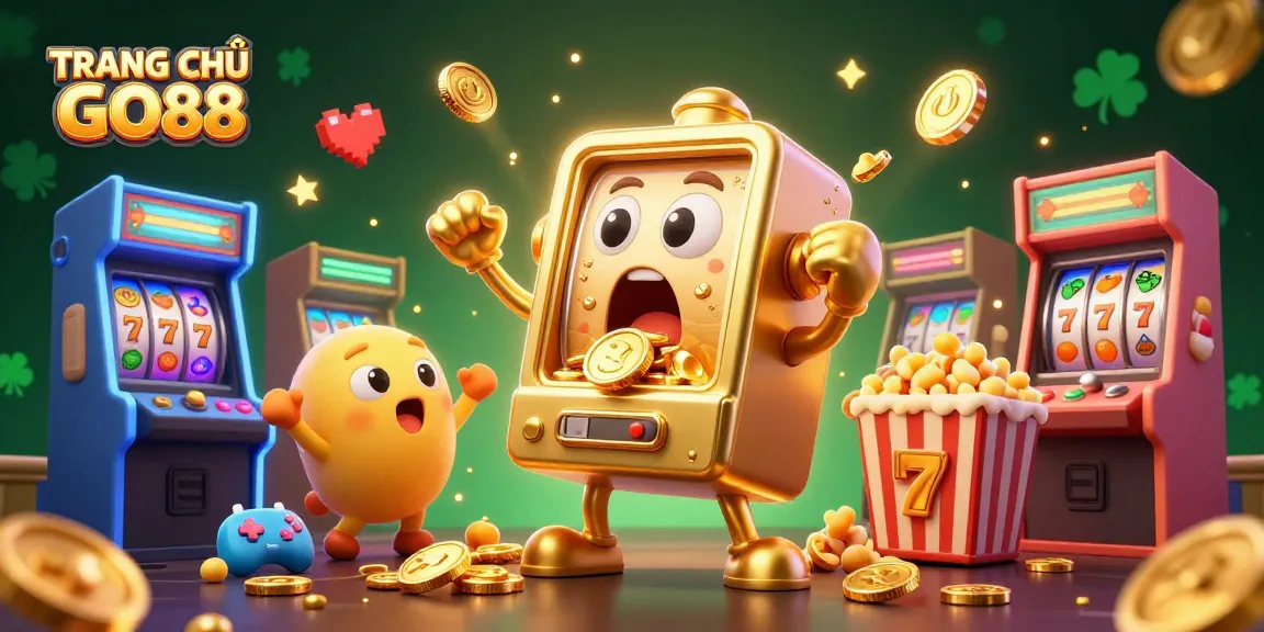 Join the excitement at TRANG CHỦ GO88 as the golden slot machine hits a jackpot surrounded by cheering baby slots and golden coins!