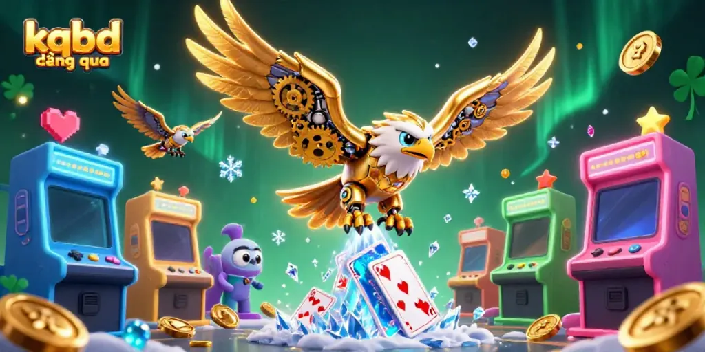 Experience the thrill of kqbd đem qua with a vibrant cybernetic eagle diving through holographic cards.