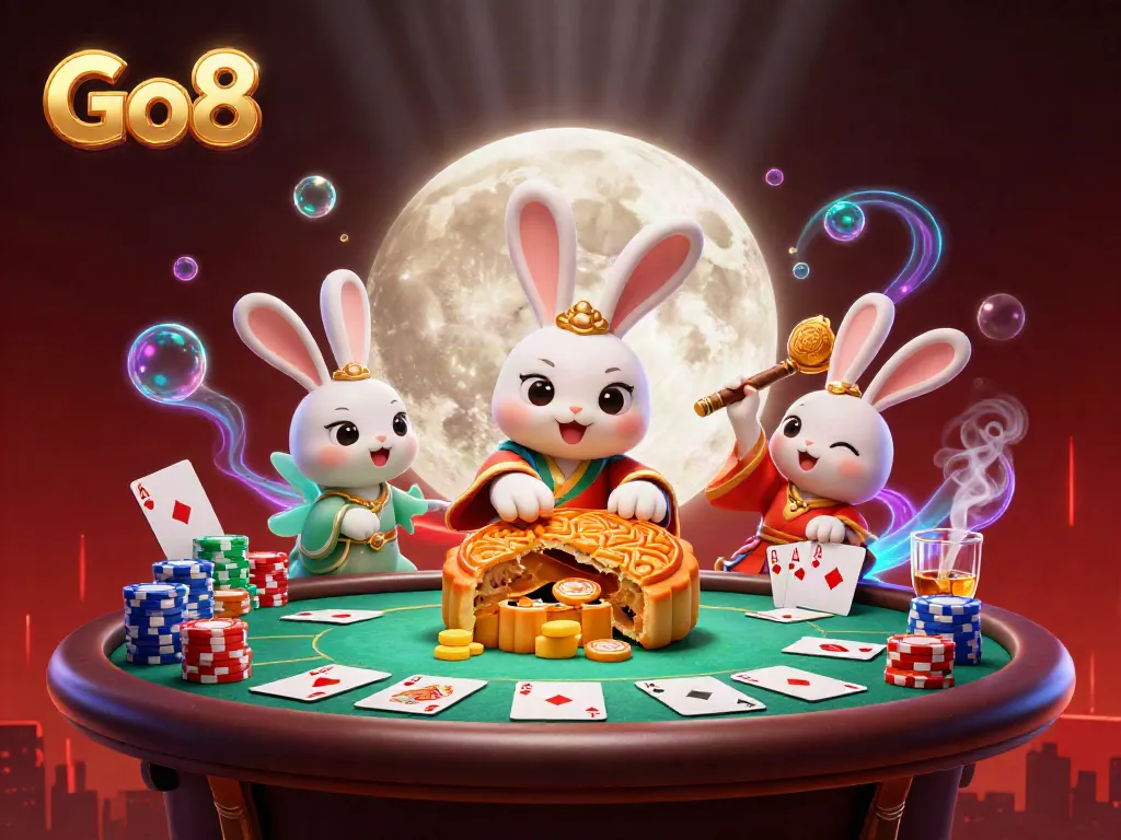 Go8 illustration of moon rabbit revealing poker chips from mooncakes amid a vibrant casino scene.