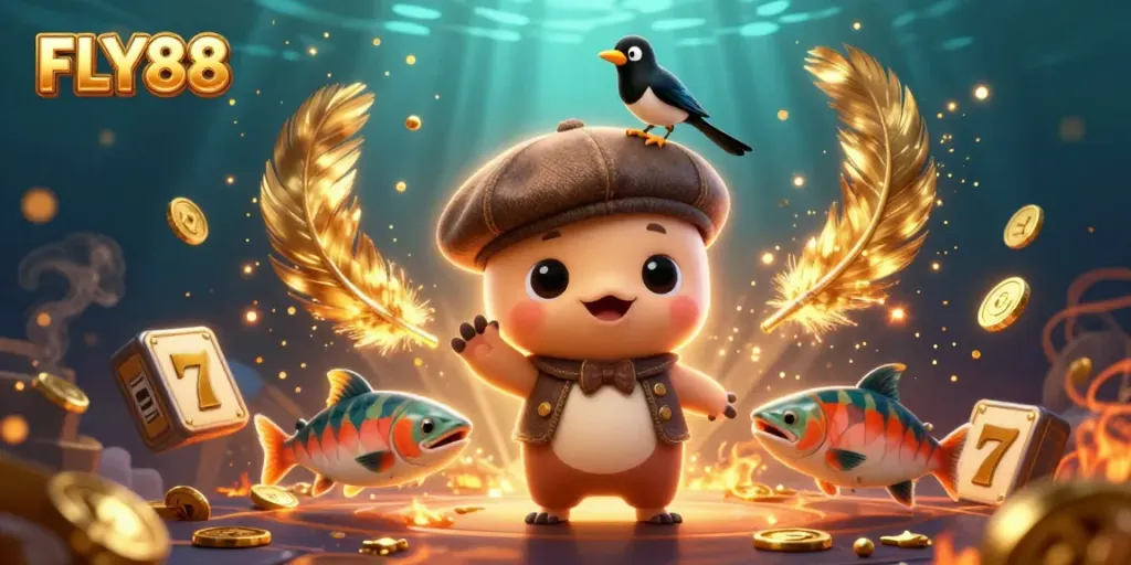 FLY88 invites players to win big with colorful slot reels and unique characters in a dynamic casino setting.