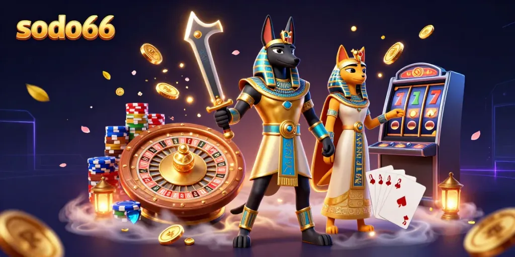 Engage in the exhilarating world of sodo66 with Anubis and Bastet amid swirling golden coins and vibrant casino elements.