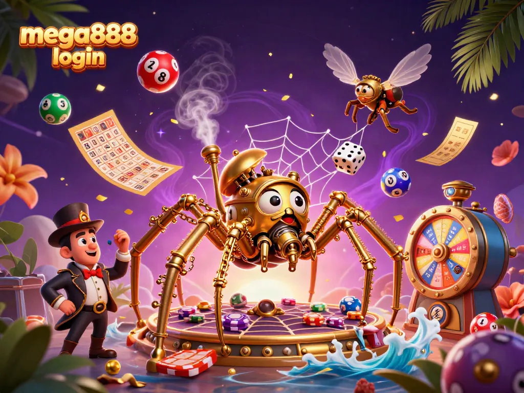 Catch the excitement of mega888 login with a vibrant 3D illustration featuring a golden spider and engaging game elements.
