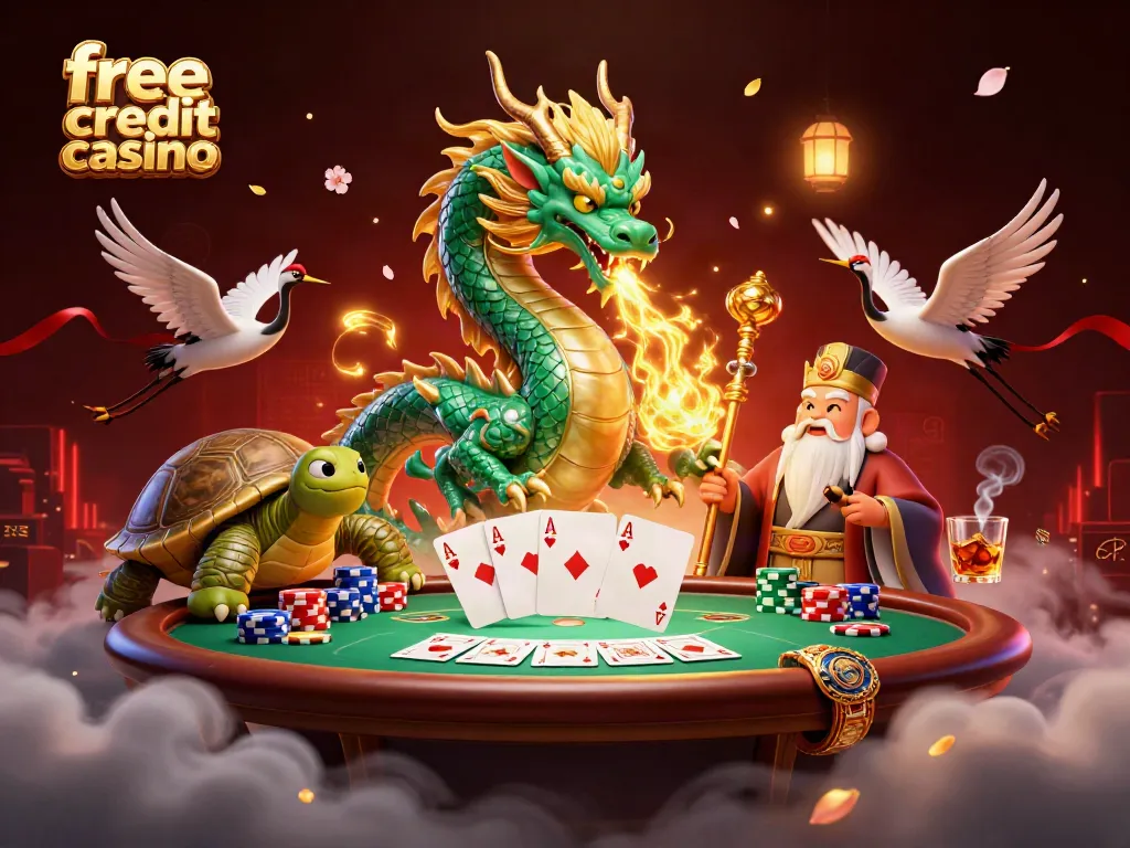 Experience the thrill of free credit casino gaming with a spectacular dragon, turtle, and cranes capturing the essence of a vibrant casino.