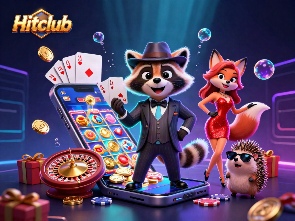 Explore the vibrant Hitclub world with a suave raccoon, a charming fox, and a hedgehog bouncer in an immersive 3D casino scene.