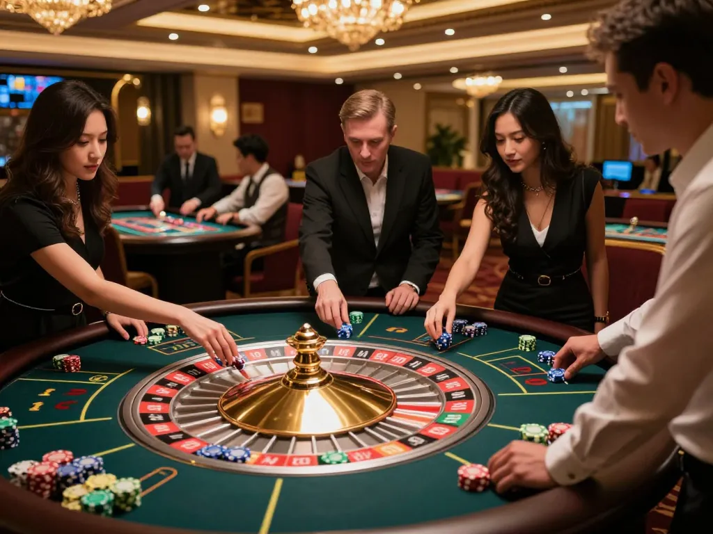 Players engage in betting excitement at nhà cái sc88's roulette table in a luxurious casino setting.
